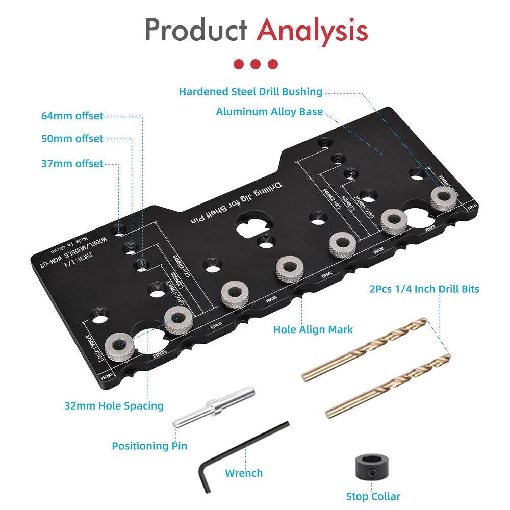 Adjustable Aluminum Alloy Cabinet Hardware Jig Shelf Pin Jig with 2 PCS 1/4 Inch Drill Bits Woodworking Pocket Hole Punch Locator Drill Guide