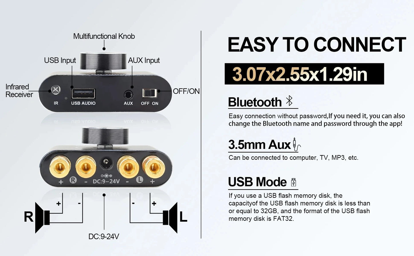 X50H Audio Amplifier 2.0 Channel 20W+20W Bluetooth Amp with Remote Control Supports Bluetooth/USB/AUX Input