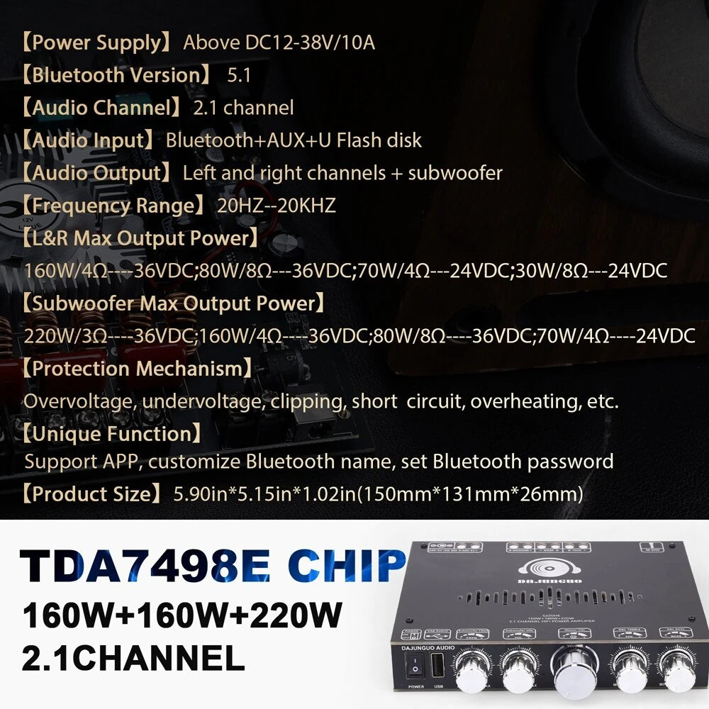 S220HS bluetooth Power Amplifier Board 2.1 Channel TDA7498E 160Wx2+220W 12V-38V Audio Power Amplifier Module