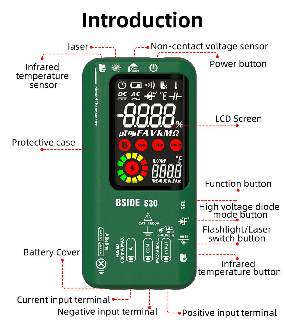 BSIDE S30 Smart Multimeter with Infrared Temperature Measurement Color Screen High Precision Voltage Current Resistance Capacitance Tester - Zen Craft