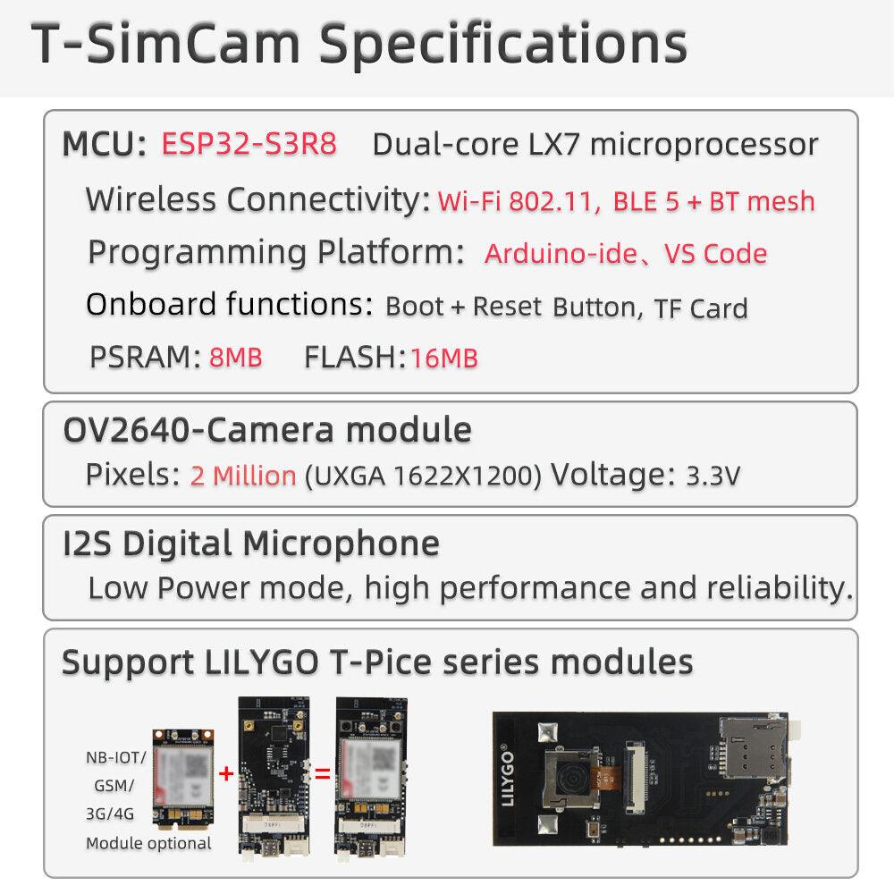 LILYGO T-SIMCAM ESP32-S3 CAM Development Board WiFi Bluetooth 5.0 Wireless Module With OV2640 Camera TF Slot Adapt T-PCIE SIM