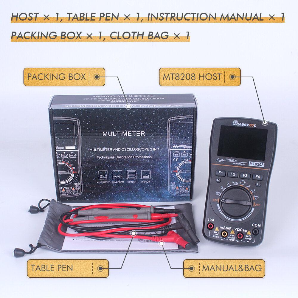 MUSTOOL MT8208 Intelligent Graphical Digital Oscilloscope Multimeter 2 in 1 With 2.4 Inches Color Screen 1MHz Bandwidth 2.5Msps Sampling Rate for DIY and Electronic Test Upgraded from MT8206