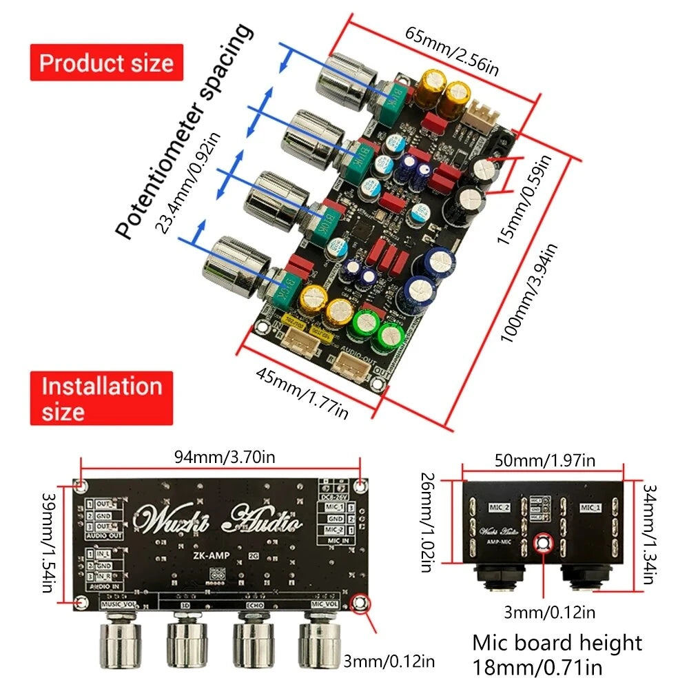 WUZHI ZK-AMP 2G DSP Mixing Board Front Stage Amplifier Module 8-26V Intelligent Frequency Echo Reverb Anti Whistling