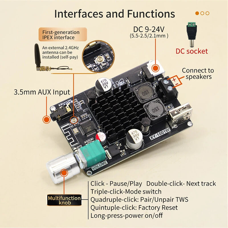 Sinilink XY-1001W TWS bluetooth 5.3 Amplifier Board Mono 100W TPA3116D2 AUX USB Stereo Pairing Audio Module