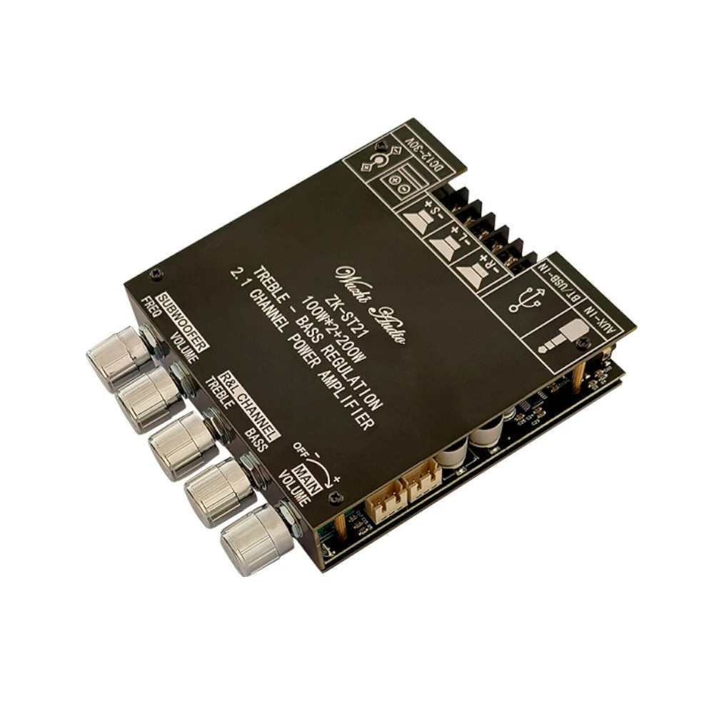 ZK-ST21 2.1 Channel Bluetooth Amplifier Board 100W+100W+200W Subwoofer TPA3221 Support Bluetooth AUX U Disk Sound Card
