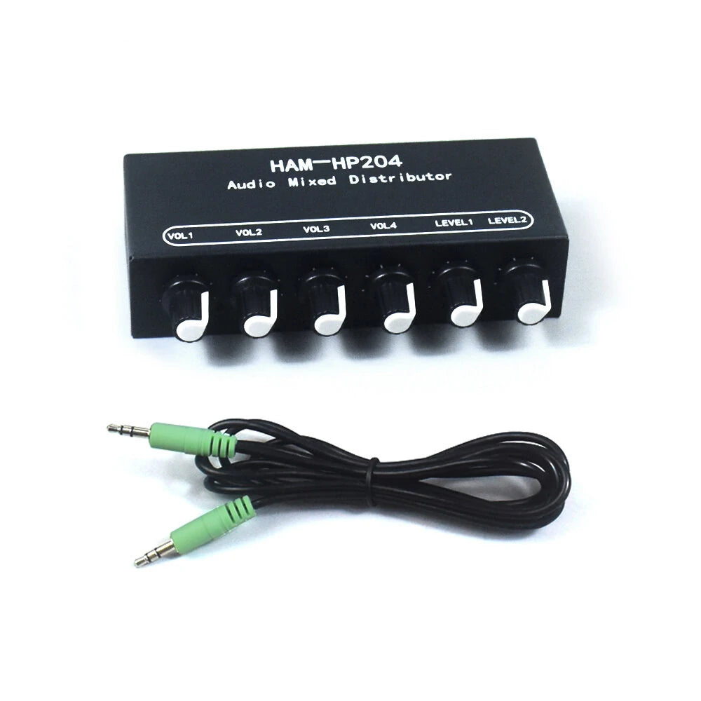HAM-HP204 Stereo Audio Mixer Distributor Signal Selector 2 Input 4 Output 5X Magnification 3.5mm JRC NJM3414A DC 5-15V Volume Control