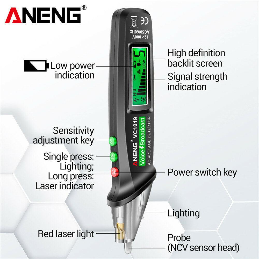 ANENG VC1019 Red Laser Test Pen Voice Broadcast Voltage Detector 12-1000V Volt Current Non-Contact Pen Electric Teste Meter Tool - Zen Craft