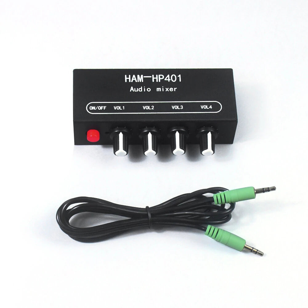 HAM-HP401 DC 5V-12V Stereo Audio Mixer 4 Input 1 Output Individual Volume Control Headphone Amplifier 3.5mm Jack DIY Sound Mixing