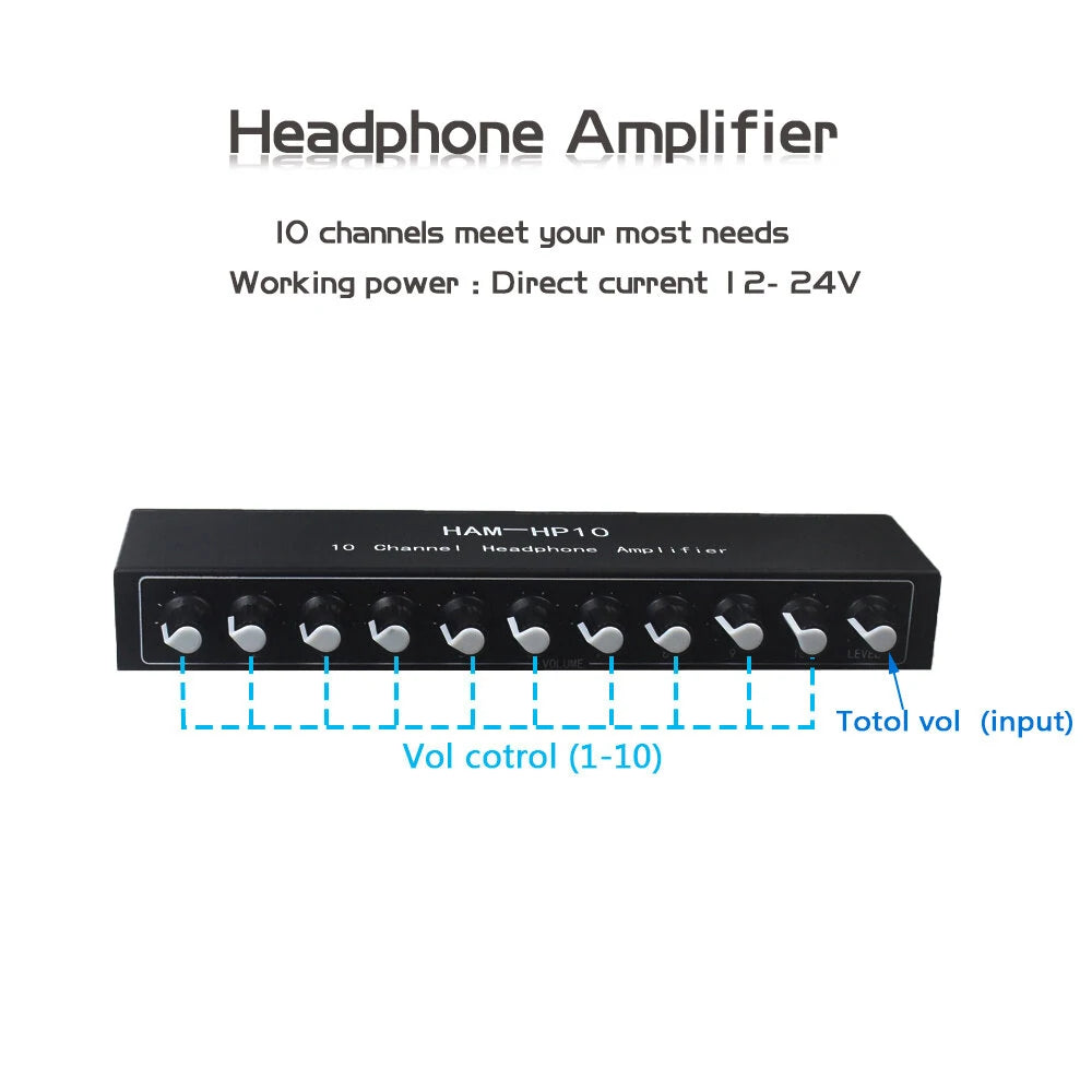 HAM-HP10 10 Channel Stereo Headphone Amplifier 1 Input 10 Output 12dB Gain NJM4556A 3.5mm Jack DC 12-24V Volume Control