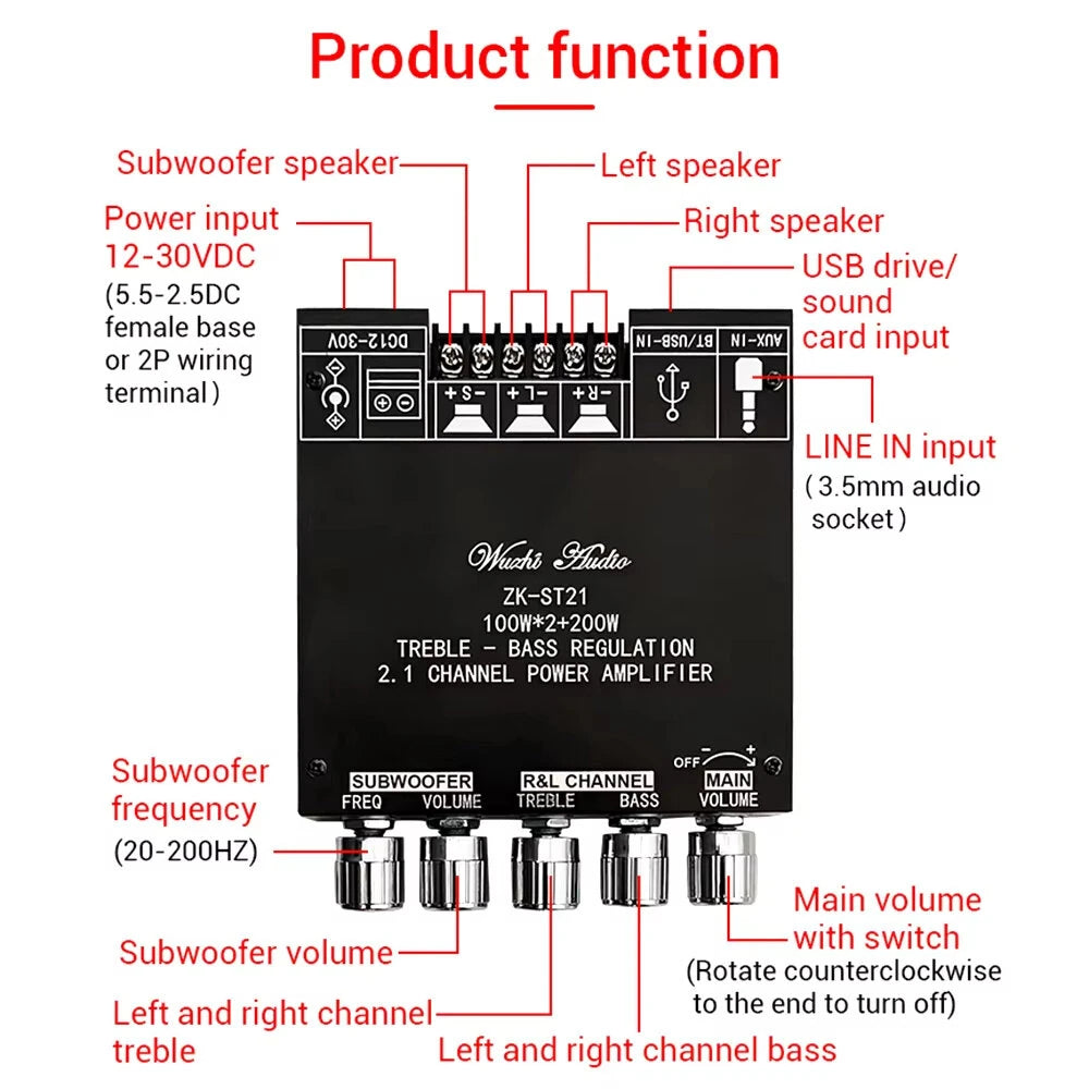 ZK-ST21 bluetooth Digital Amplifier Board 2.1 Channel 100W+100W+200W Subwoofer Chip TPA3221 DC12-30V 10A