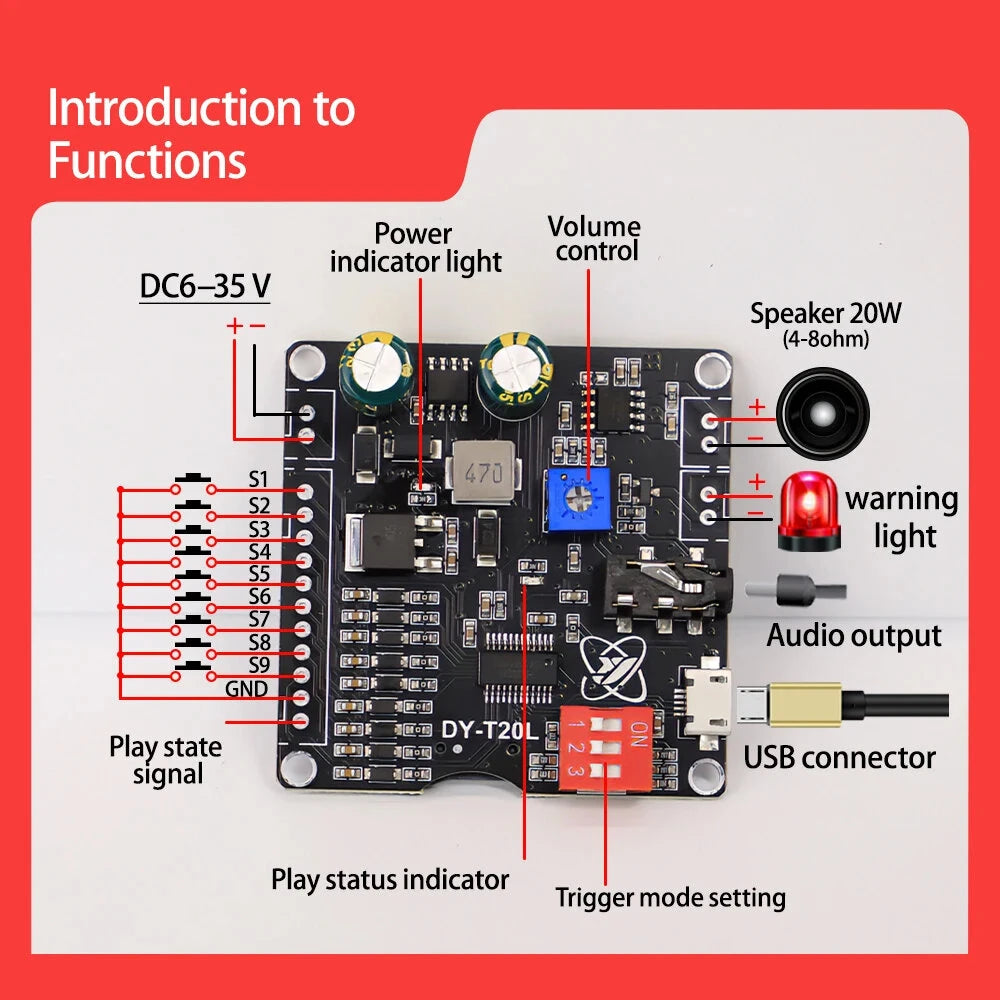 DY-T20L 10W 20W MP3 Player Sound Module Voice Playback Board 9CH One-for-One Control Audio Player Module Memory Card U-Disk Audio Player