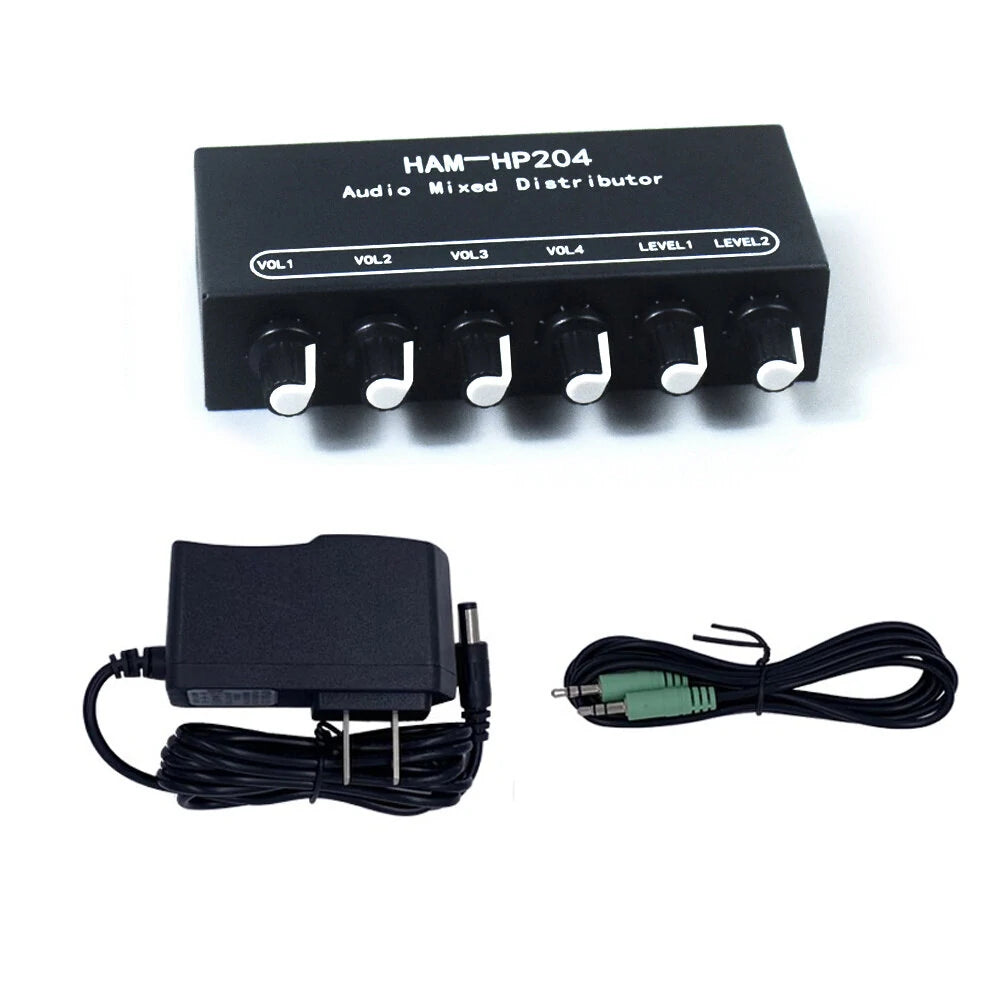 HAM-HP204 Stereo Audio Mixer Distributor Signal Selector 2 Input 4 Output 5X Magnification 3.5mm JRC NJM3414A DC 5-15V Volume Control