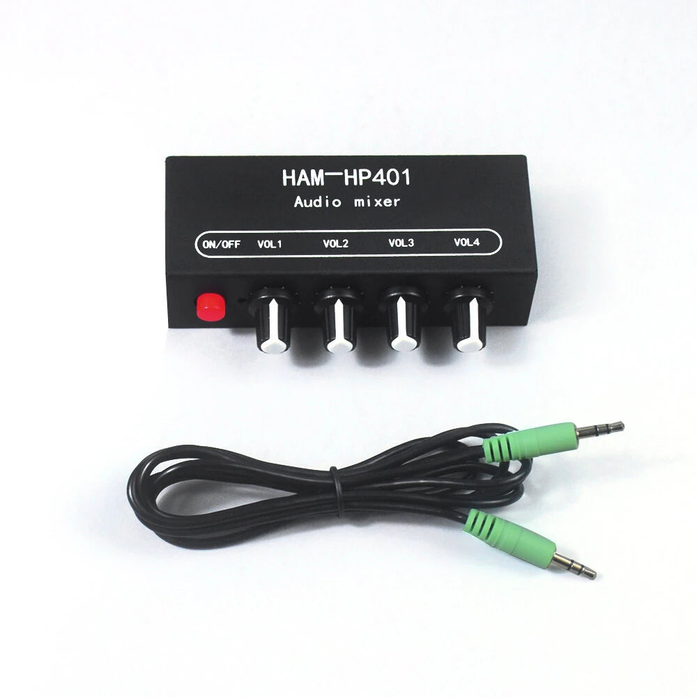HAM-HP401 DC 5V-12V Stereo Audio Mixer 4 Input 1 Output Individual Volume Control Headphone Amplifier 3.5mm Jack DIY Sound Mixing