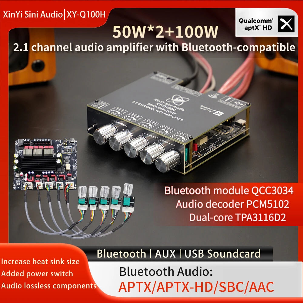 Sinilink XY-Q100H 2.1 Channel Bluetooth Audio Amplifier Module TPA3116 Subwoofer 50W2 100W APTXs AUX USB Soundcard Compact DIY Assembly