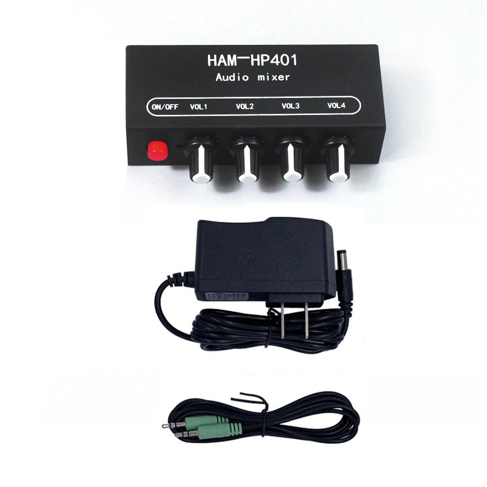 HAM-HP401 DC 5V-12V Stereo Audio Mixer 4 Input 1 Output Individual Volume Control Headphone Amplifier 3.5mm Jack DIY Sound Mixing