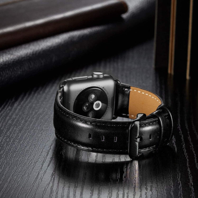 Black Buckle Leather Watch Band For Apple Watch Series 10 42mm / 9&8&7 41mm / SE 3&SE 2&6&SE&5&4 40mm / 3&2&1 38mm, For Apple Watch Series 8&7 41mm / SE 2&6&SE&5&4 40mm / 3&2&1 38mm