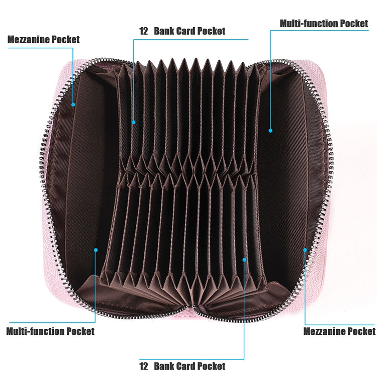 KB195 Zipper Cowhide Leather Double Row Organ Shape Multiple Card Slots Anti-magnetic RFID Wallet Clutch Bag for Ladies, KB195 Rose Red, KB195 Black, KB195 Coffee, KB195 Pink, KB195 Purple