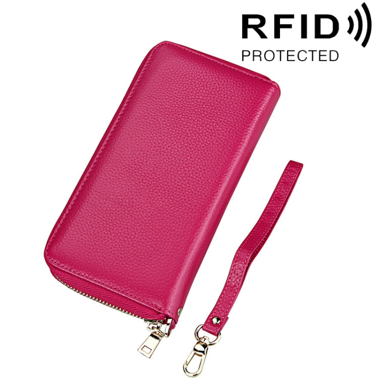 Genuine Cowhide Leather Litchi Texture Zipper Long Style Card Holder Wallet RFID Blocking Coin Purse Card Bag Protect Case with Hand Strap for Women, Size: 20*10.5*3cm