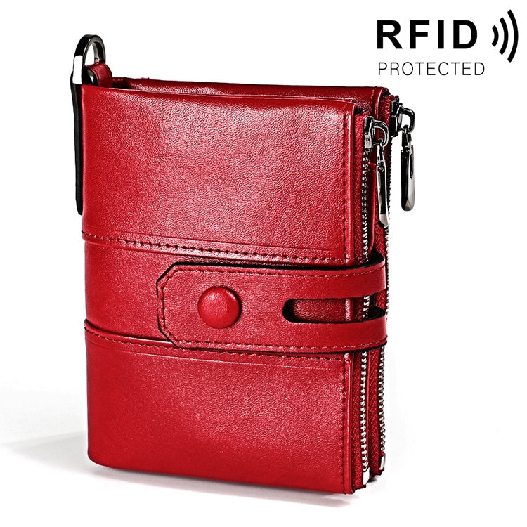 3529 Retro Crazy Horse Texture Double Zipper Anti-magnetic RFID Wallet for Man with Card Slots Red