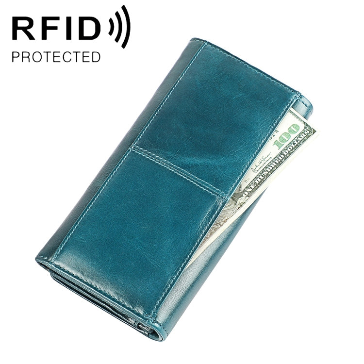 3559 Antimagnetic RFID Multi-function Zipper Retro Top-grain Leather Lady Purse Wallet Blue