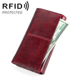 3559 Antimagnetic RFID Multi-function Zipper Retro Top-grain Leather Lady Purse Wallet Wine Red