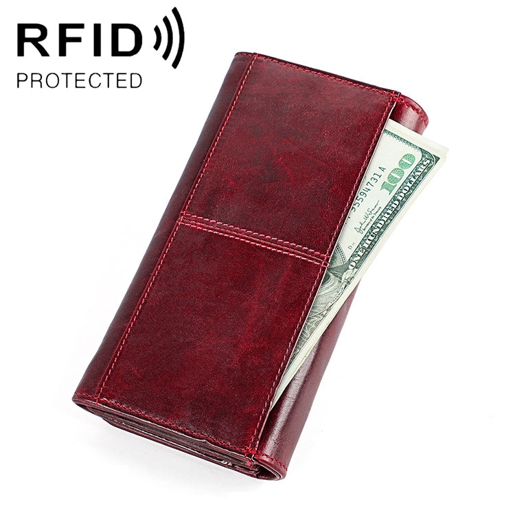 3559 Antimagnetic RFID Multi-function Zipper Retro Top-grain Leather Lady Purse Wallet Wine Red