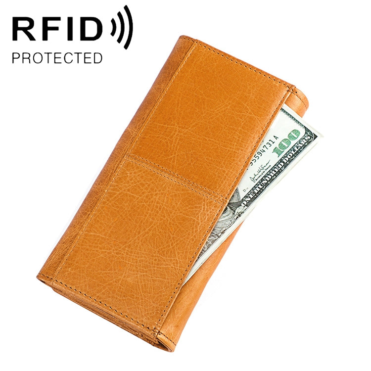 3559 Antimagnetic RFID Multi-function Zipper Retro Top-grain Leather Lady Purse Wallet Yellowish-brown