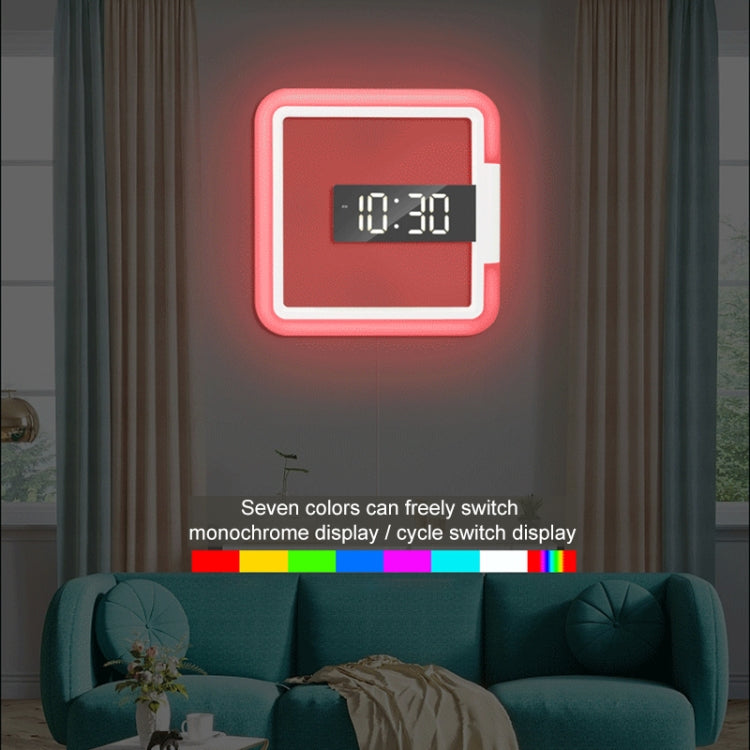 TS-S28-W Multifunctional Square RGB Thermometer Digital Alarm Clock LED Mirror Hollow Wall Clock, RGB Thermometer Clock