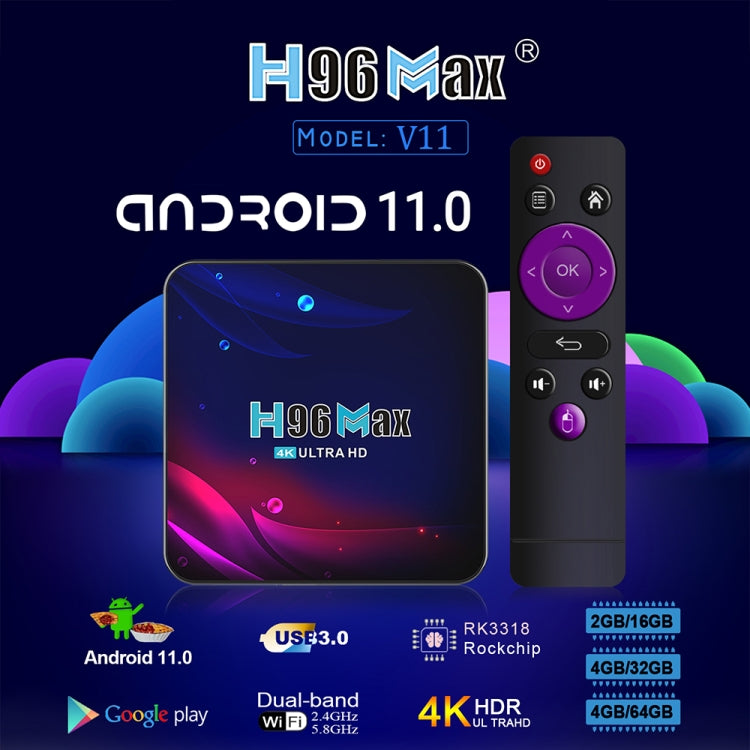 H96 Max V11 4K Smart TV BOX Android 11.0 Media Player with Remote Control, RK3318 Quad-Core 64bit Cortex-A53, RAM: 2GB, ROM: 16GB, Support Dual Band WiFi, Bluetooth, Ethernet, EU Plug, 2GB+16GB