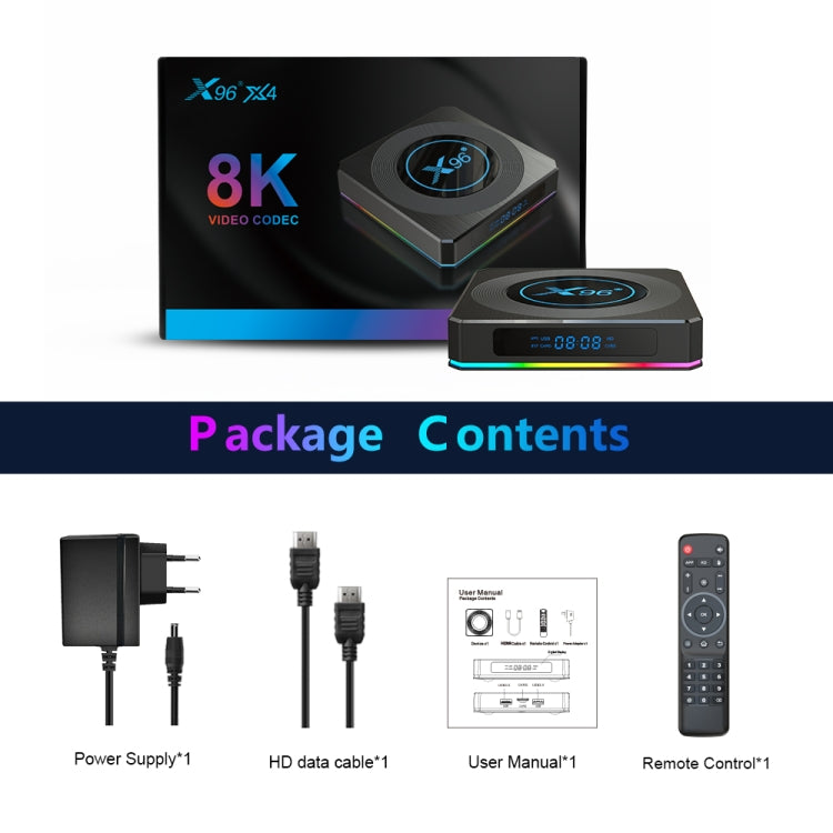 X96 X4 8K Smart TV BOX Android 11.0 Media Player with Remote Control, Amlogic S905X4 Quad Core ARM Cortex A55, RAM: 4GB, ROM: 32GB, Support 1000M, Dual Band WiFi, Bluetooth, EU Plug, 4GB+32GB