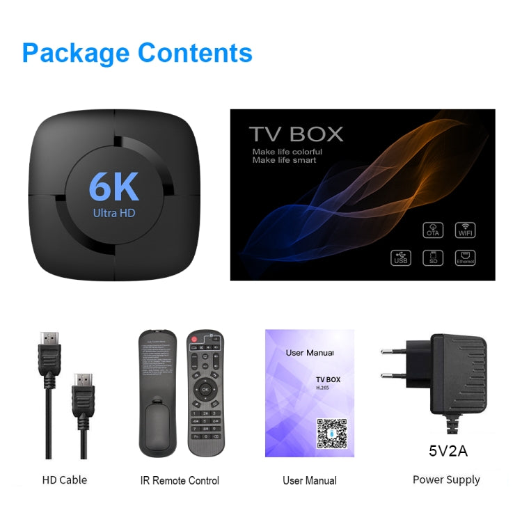 6K UHD Smart TV Box, Android 10.0, Allwinner H616 Quad Core, 2GB+8GB,EU Plug, 2GB+8GB