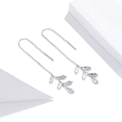 S925 Sterling Silver Simple Style Long Leaves Women Earrings, Long Leaves - Zen Craft