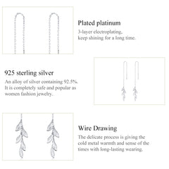 S925 Sterling Silver Simple Style Long Leaves Women Earrings, Long Leaves - Zen Craft