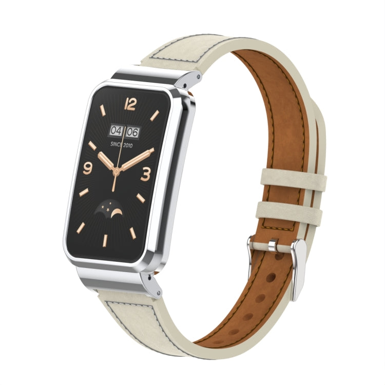 Plain Weave Small Waist Leather Metal Frame Watch Band, For Xiaomi Mi Band 7 Pro