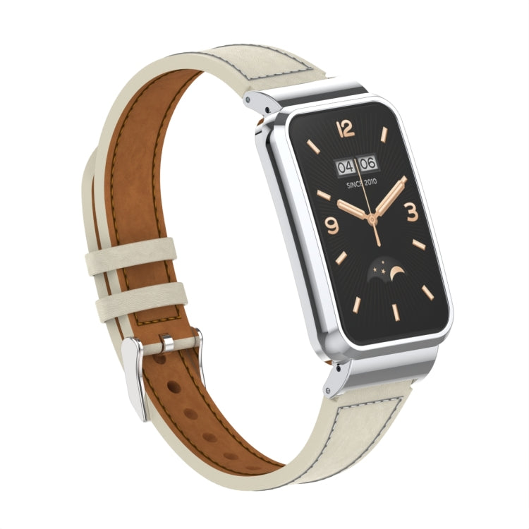 Plain Weave Small Waist Leather Metal Frame Watch Band, For Xiaomi Mi Band 7 Pro