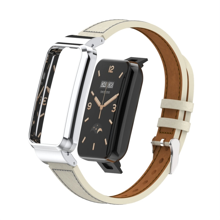 Plain Weave Small Waist Leather Metal Frame Watch Band, For Xiaomi Mi Band 7 Pro