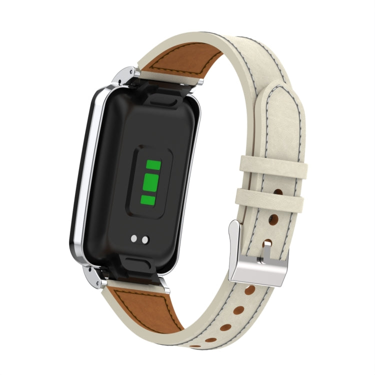 Plain Weave Small Waist Leather Metal Frame Watch Band, For Xiaomi Mi Band 7 Pro