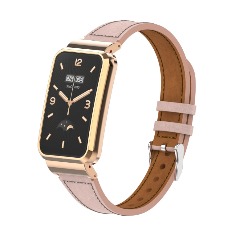 Plain Weave Small Waist Leather Metal Frame Watch Band, For Xiaomi Mi Band 7 Pro