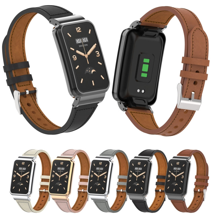 Plain Weave Small Waist Leather Metal Frame Watch Band, For Xiaomi Mi Band 7 Pro
