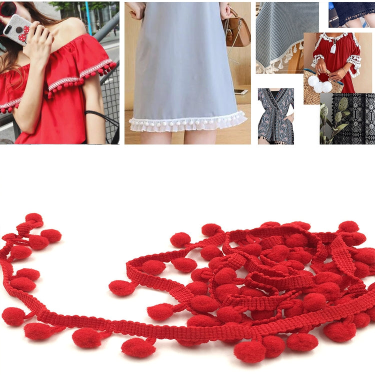 20 Yards Pompom Lace Ribbon Fur Ball Trim For Craft DIY Curtain Home Decorative Clothes Sewing Accessories, 1CM 1CM Red