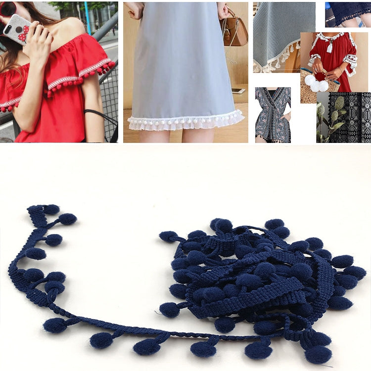 20 Yards Pompom Lace Ribbon Fur Ball Trim For Craft DIY Curtain Home Decorative Clothes Sewing Accessories, 1CM 1CM Navy