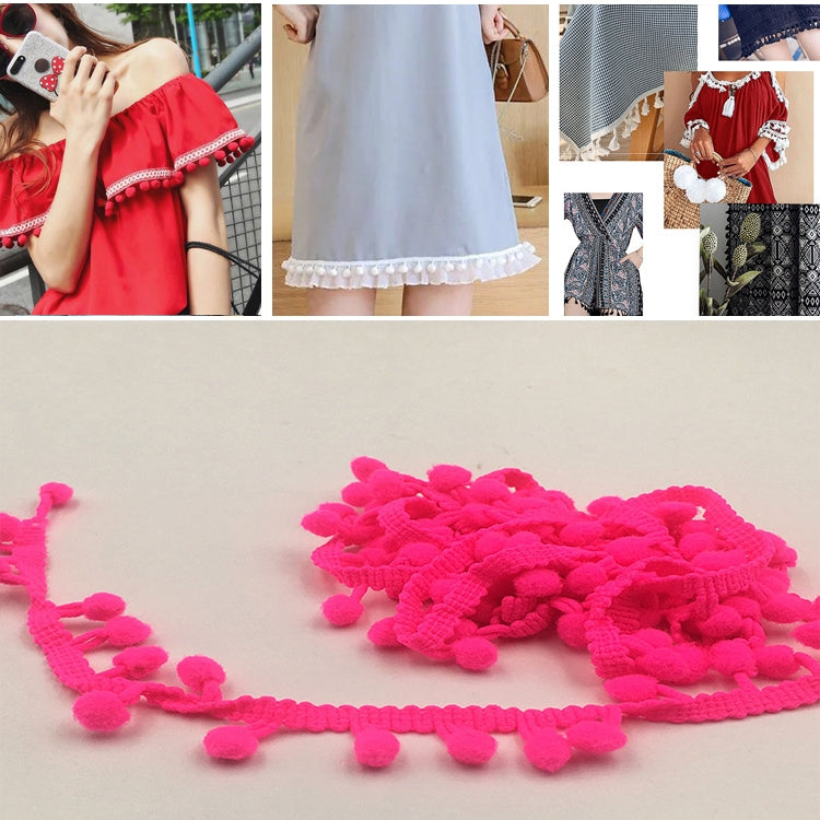 20 Yards Pompom Lace Ribbon Fur Ball Trim For Craft DIY Curtain Home Decorative Clothes Sewing Accessories, 1CM 1CM Fluorescent Rose Red