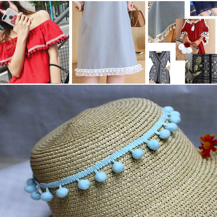 20 Yards Pompom Lace Ribbon Fur Ball Trim For Craft DIY Curtain Home Decorative Clothes Sewing Accessories, 1CM 1CM Light Blue