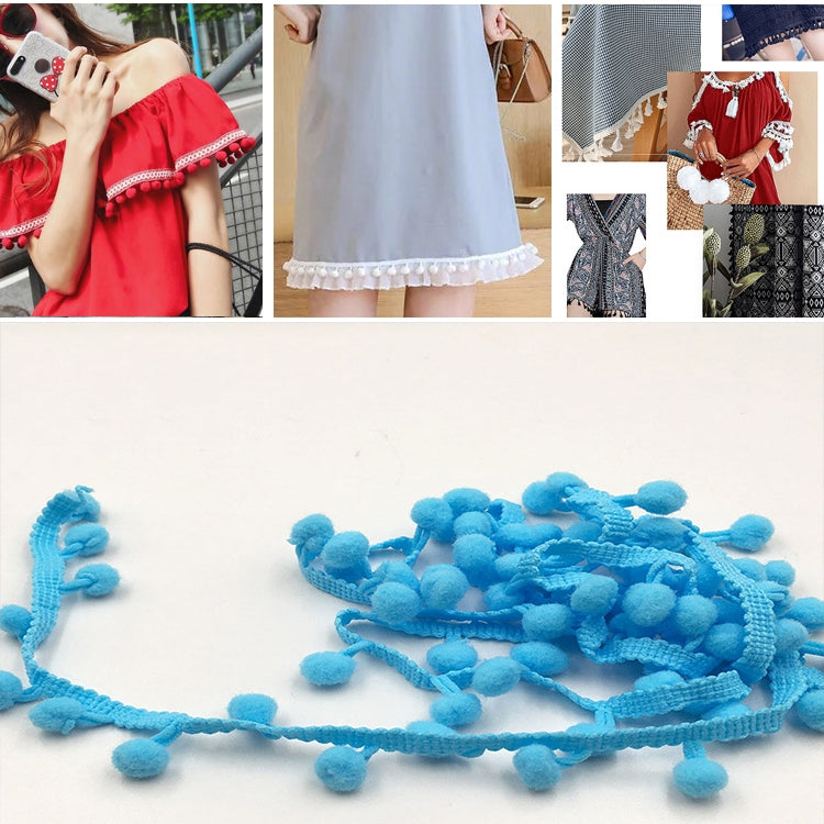 20 Yards Pompom Lace Ribbon Fur Ball Trim For Craft DIY Curtain Home Decorative Clothes Sewing Accessories, 1CM 1CM Lake Blue