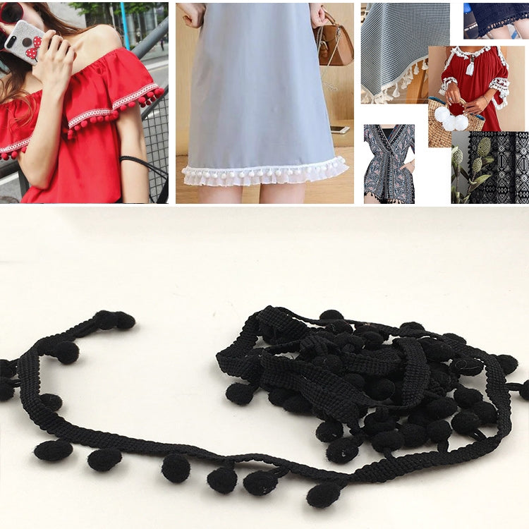 20 Yards Pompom Lace Ribbon Fur Ball Trim For Craft DIY Curtain Home Decorative Clothes Sewing Accessories, 1CM 1CM Black