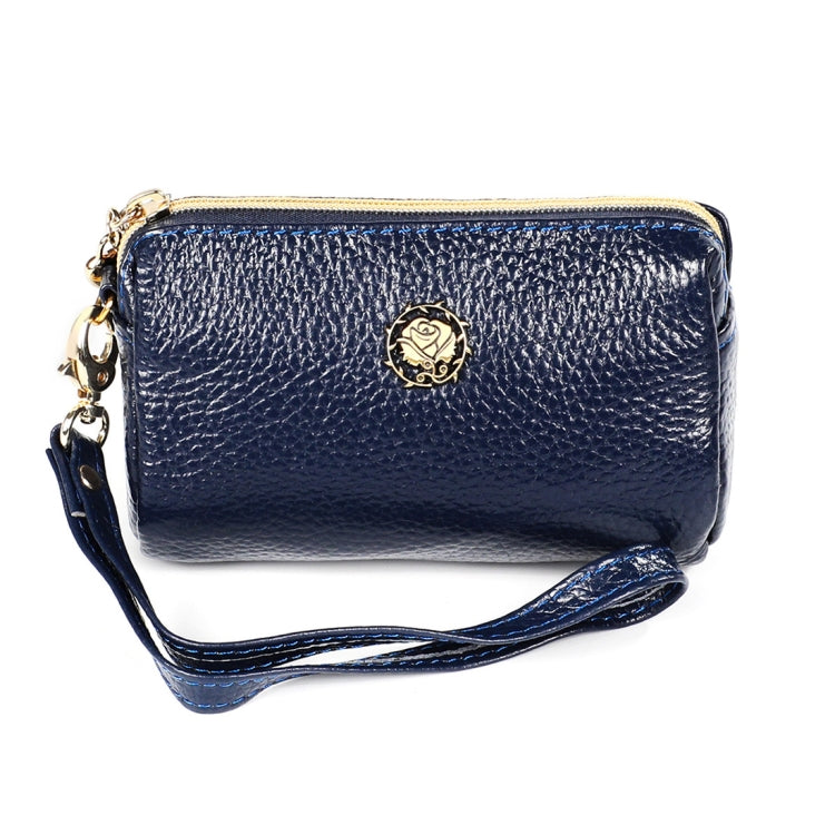 2033 Lady Portable Zipper Leather Wallet Purse Small Cosmetic Bag with Lanyard Dark Blue