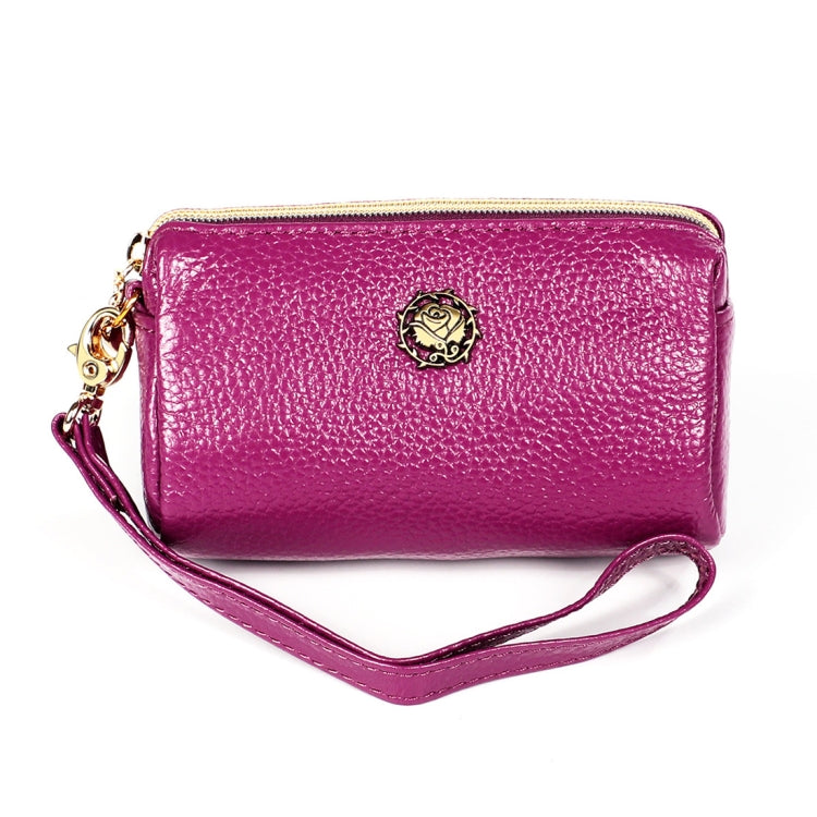 2033 Lady Portable Zipper Leather Wallet Purse Small Cosmetic Bag with Lanyard Purple