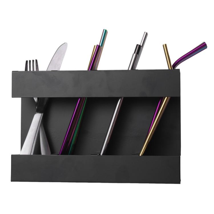 Four-grid Straw Cutlery Metal Storage Rack Kitchen Organizer with 12pcs Soft Magnetic Sheet, with 12pcs Soft Magnetic Sheet