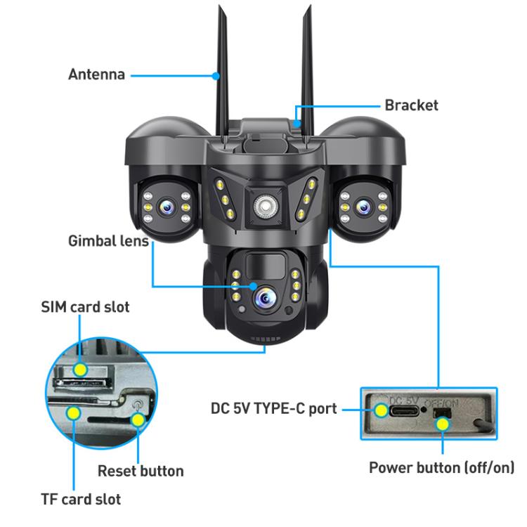VTS29 6MP Multi-lens Panoramic Solar Surveillance PTZ Dome Camera, Southeast Asia WiFi, Southeast Asia 4G, European 4G