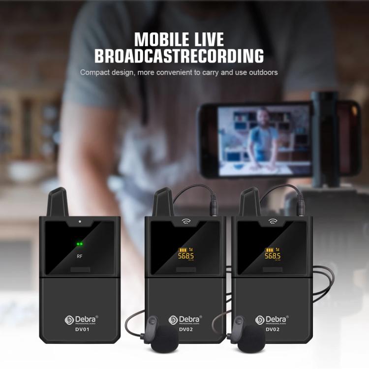 DEBRA DV-02 Wireless Lavalier Microphone TX & 2RX Outdoor Interview Live Broadcast, DV-02